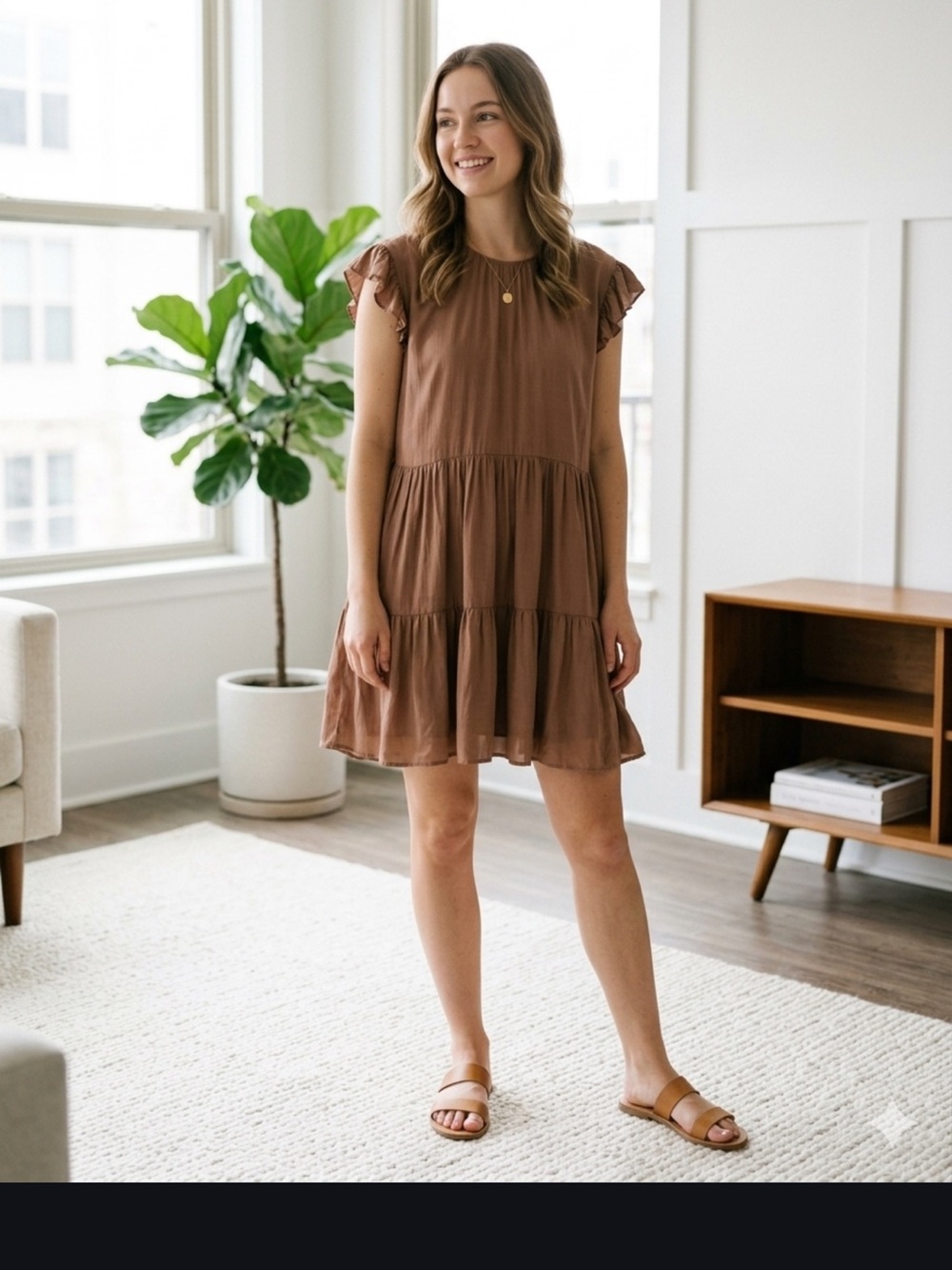 Aritzia Wilfred Sidonie Tiered Babydoll Dress Brown Camel Medium